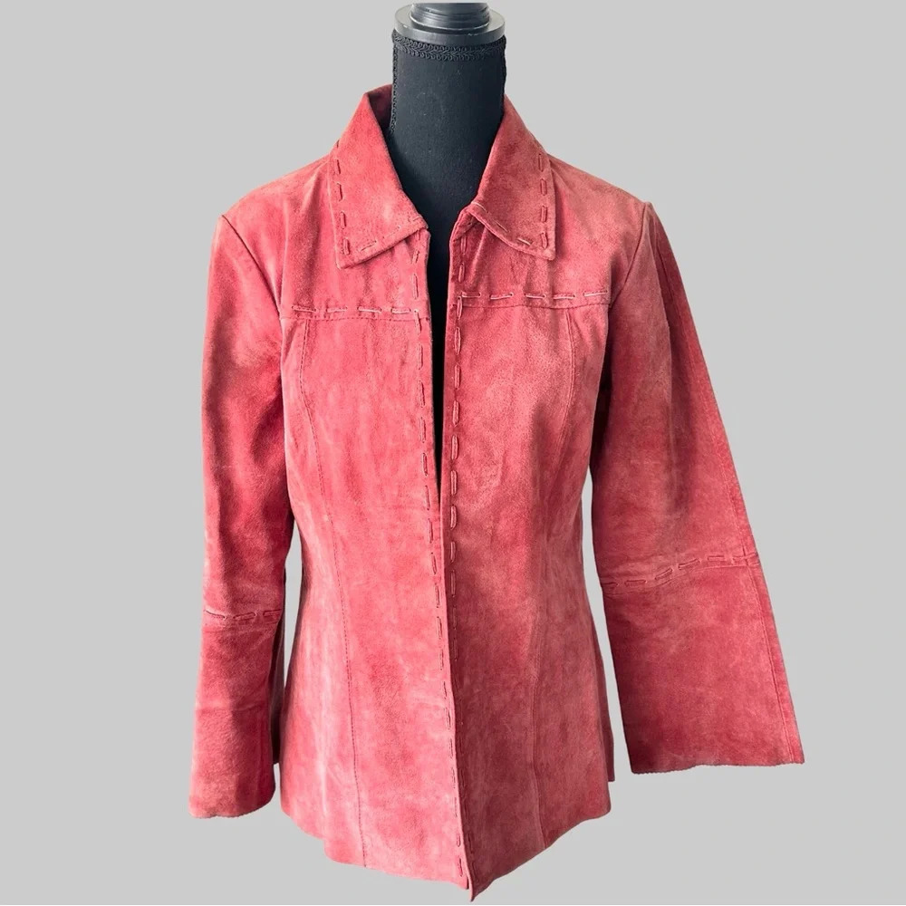 Cleo Coral Red Suede Leather Braided Leather Jacket